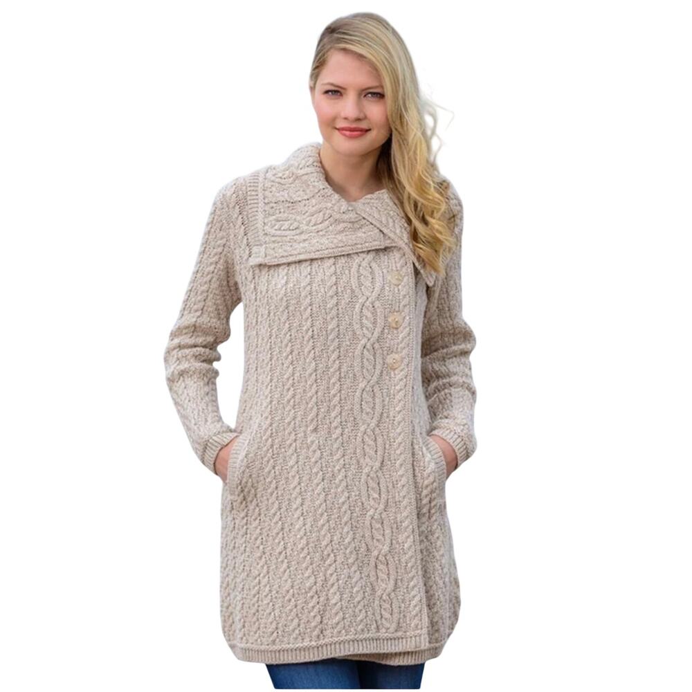 Aran Crafts Ireland Merino Wool Cable Knit Sweater Coat Cardigan Women Cream M